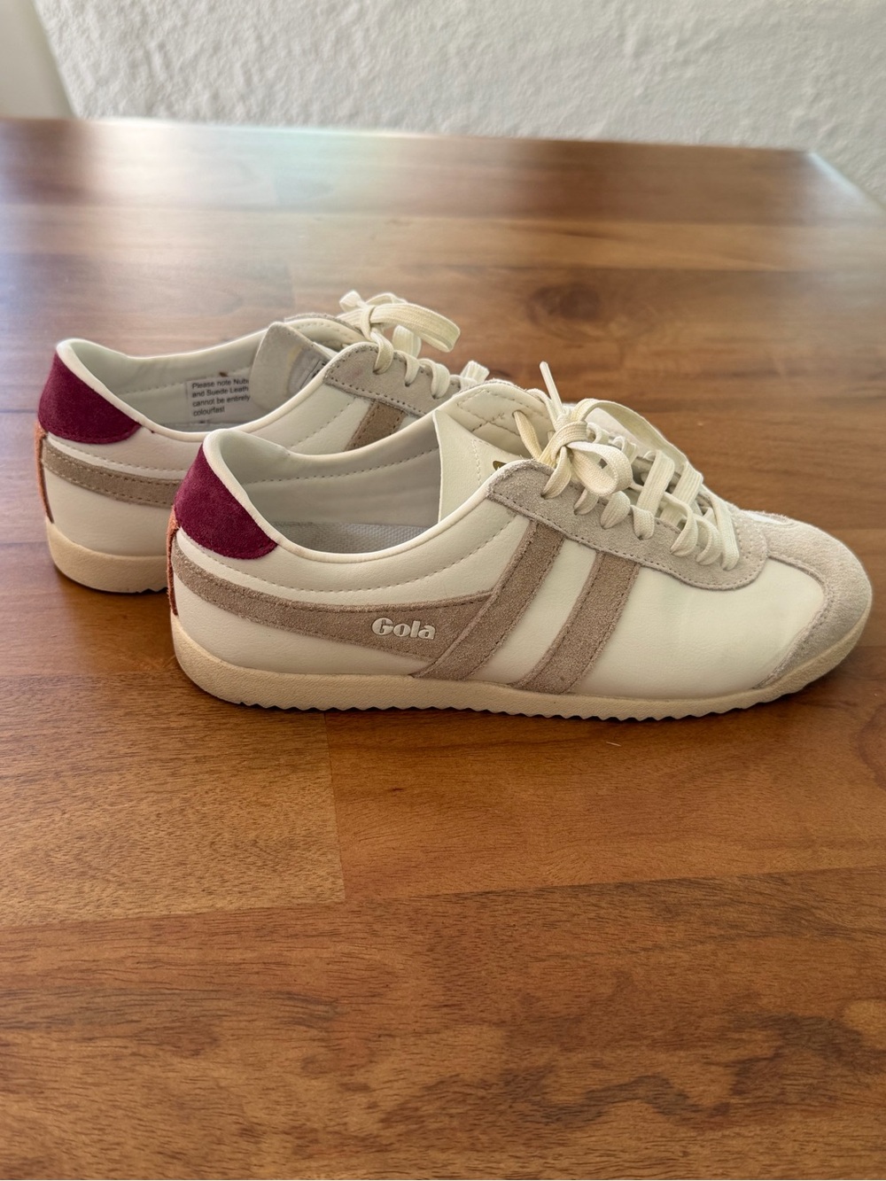 Gola Women's White Beige Suede Accent Athletic Sneakers with Burgundy Heel